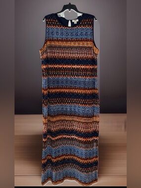 Cato Women’s Navy, Blue & Orange Knit Overlay Maxi Dress-22/24W-Repaired-EC